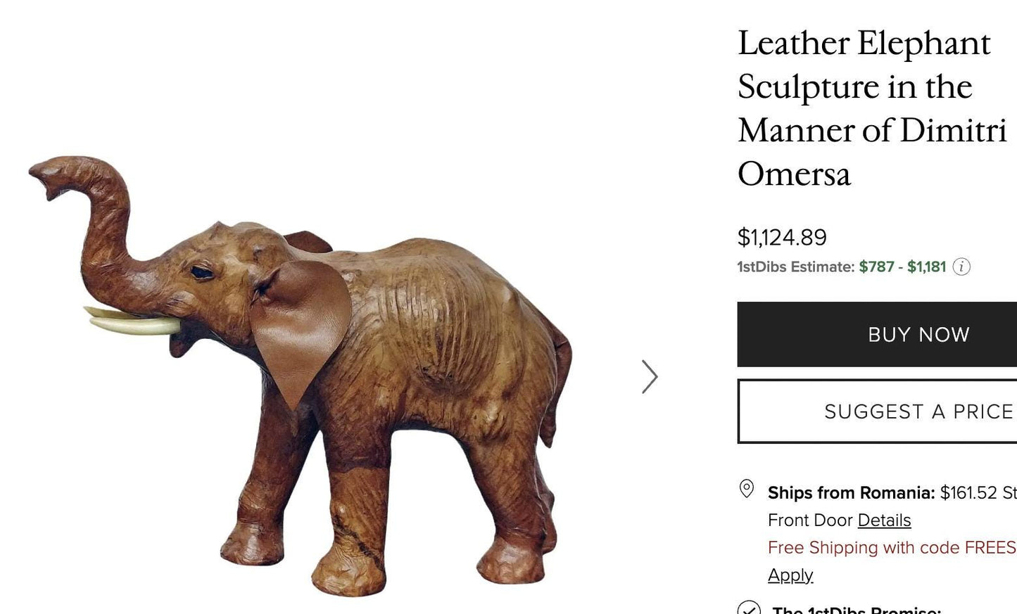 Vintage Mid Century Elephtant Sulpture Leather Wrapped Paper Mache 1940's 1950s, Rare Elephant Decorative Object, Gift for Elephant Lover