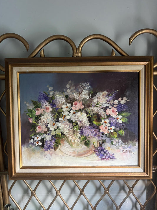 Original Vintage Lilac Floral Bouquet Still life Oil Painting French Impressionist Pastel Flower Oil Painting Framed Signed by artist Kemper